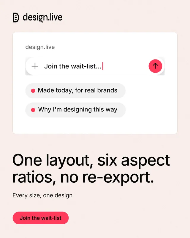 Instagram portrait post for design.live: "One layout, six aspect ratios, no re-export." Data card style, bottom layout, light palette in white, red.