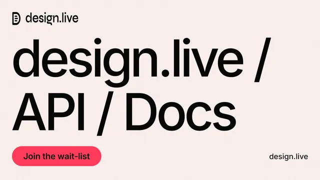 Landscape graphic for design.live: "design.live / API / Docs". Data card style, poster layout, light palette in white, grey.