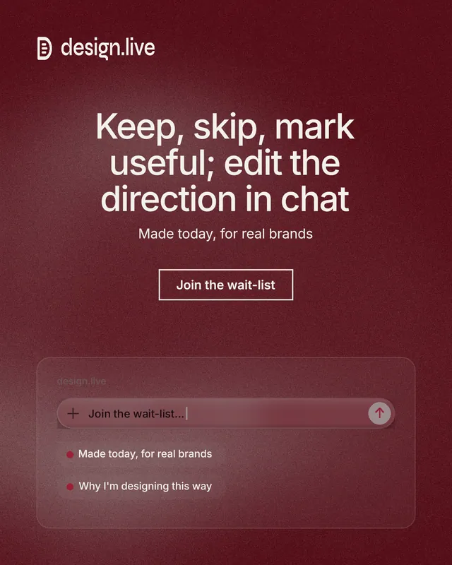 Instagram portrait post for design.live: "Keep, skip, mark useful; edit the direction in chat". Cyanotype style, centred layout, dark palette in red, grey.