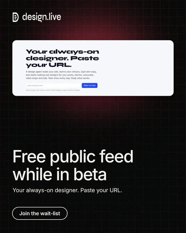 Instagram portrait post for design.live: "Free public feed while in beta". Phosphor atlas style, bottom layout, dark palette in black, white, red.