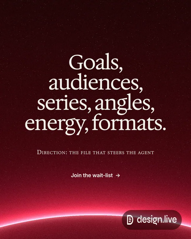 Instagram portrait post for design.live: "Goals, audiences, series, angles, energy, formats." Swiss style, smallcaps layout, dark palette in red, black.