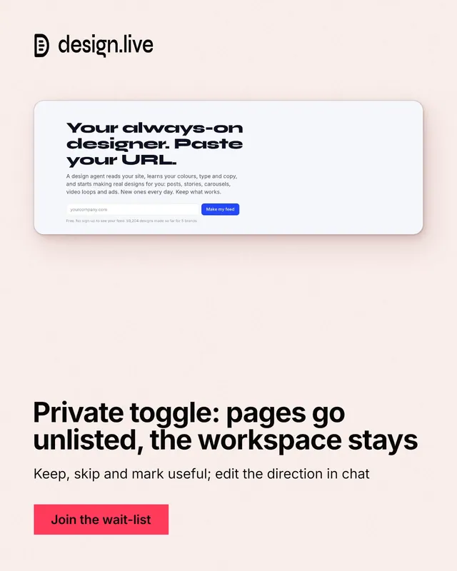 Instagram portrait post for design.live: "Private toggle: pages go unlisted, the workspace stays". Swiss style, bottom layout, light palette in white, grey.