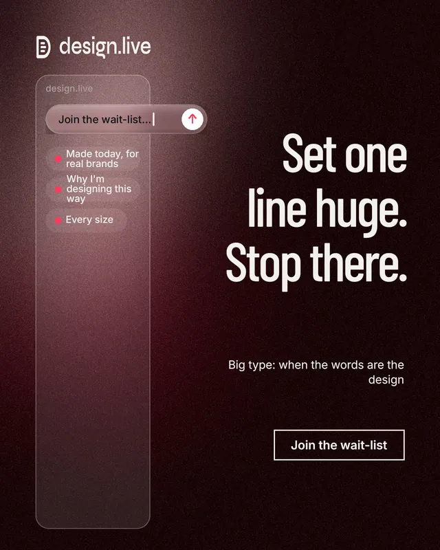 Instagram portrait post for design.live: "Set one line huge. Stop there." Dark deco style, right layout, dark palette in black, red, grey.