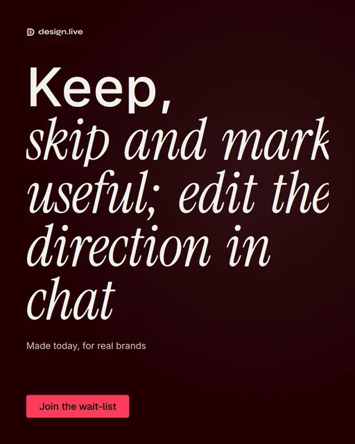 Video for design.live: "Keep, skip and mark useful; edit the direction in chat". Doc motion loop, 7.0 s, dark palette.