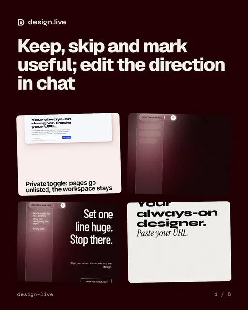 Carousel for design.live: "Keep, skip and mark useful; edit the direction in chat". Collection carousel, 8 slides, dark palette.