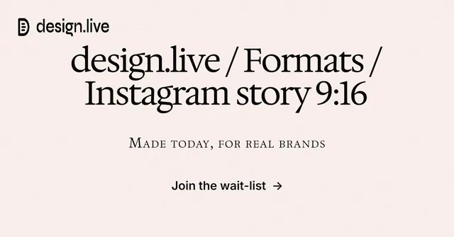 Social ad for design.live: "design.live / Formats / Instagram story 9:16". Swiss style, smallcaps layout, light palette in white.