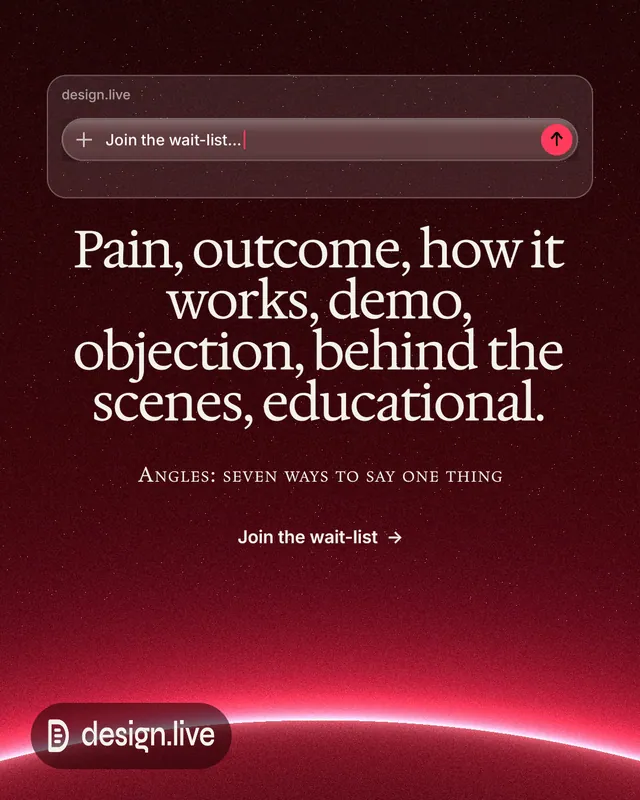 Instagram portrait post for design.live: "Pain, outcome, how it works, demo, objection, behind the scenes, educational." Swiss style, smallcaps layout, dark palette in black, red.