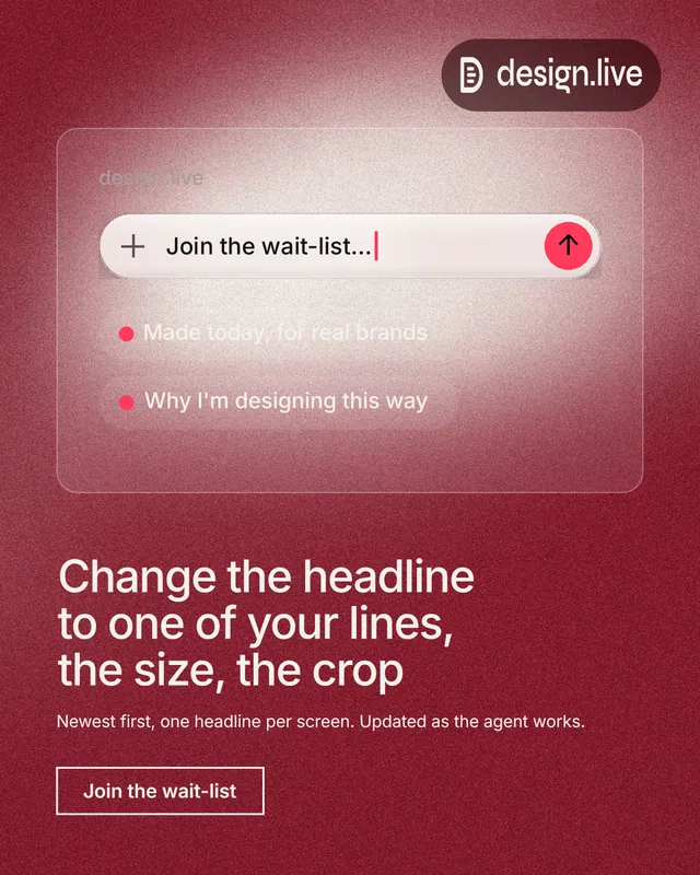 Instagram portrait post for design.live: "Change the headline to one of your lines, the size, the crop". Cyanotype style, bottom layout, dark palette in red.