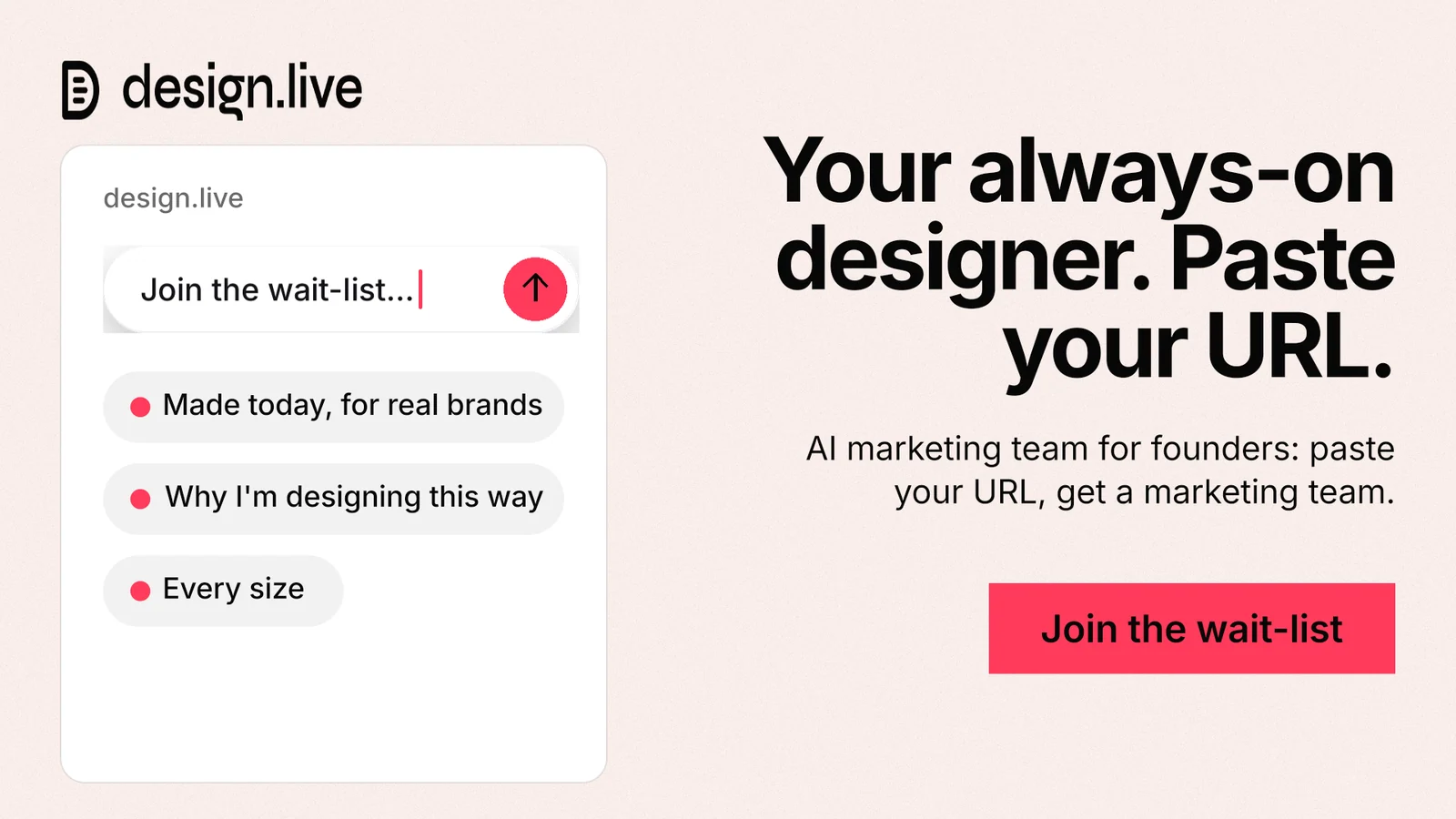 Landscape graphic for design.live: "Your always-on designer. Paste your URL." Swiss style, right layout, light palette in white, red, orange.