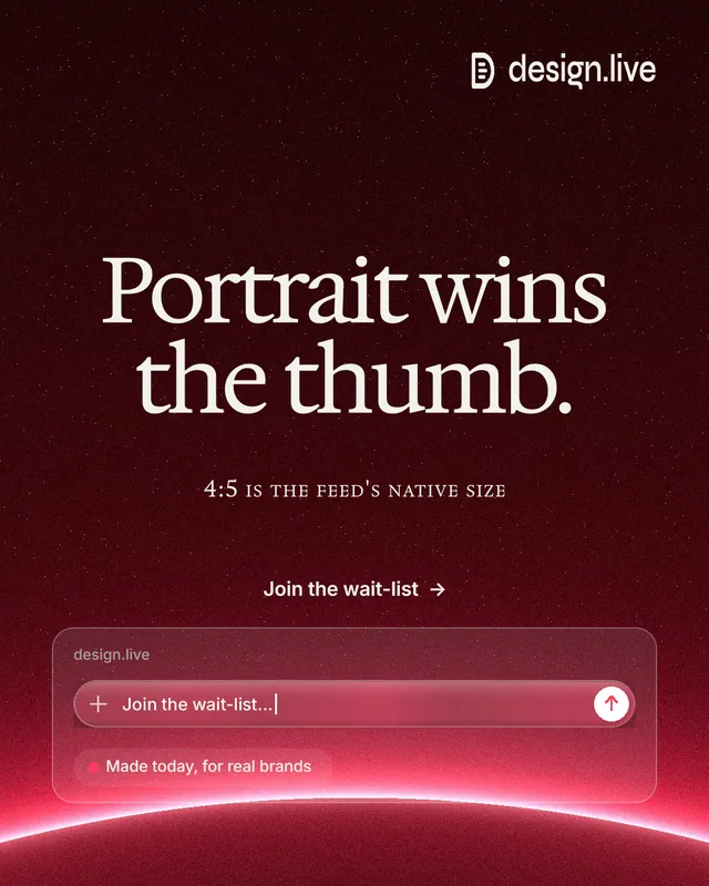 Instagram portrait post for design.live: "Portrait wins the thumb." Swiss style, smallcaps layout, dark palette in black, red.