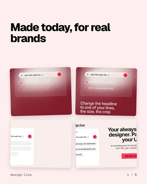 Carousel for design.live: "Made today, for real brands". Collection carousel, 8 slides, light palette.
