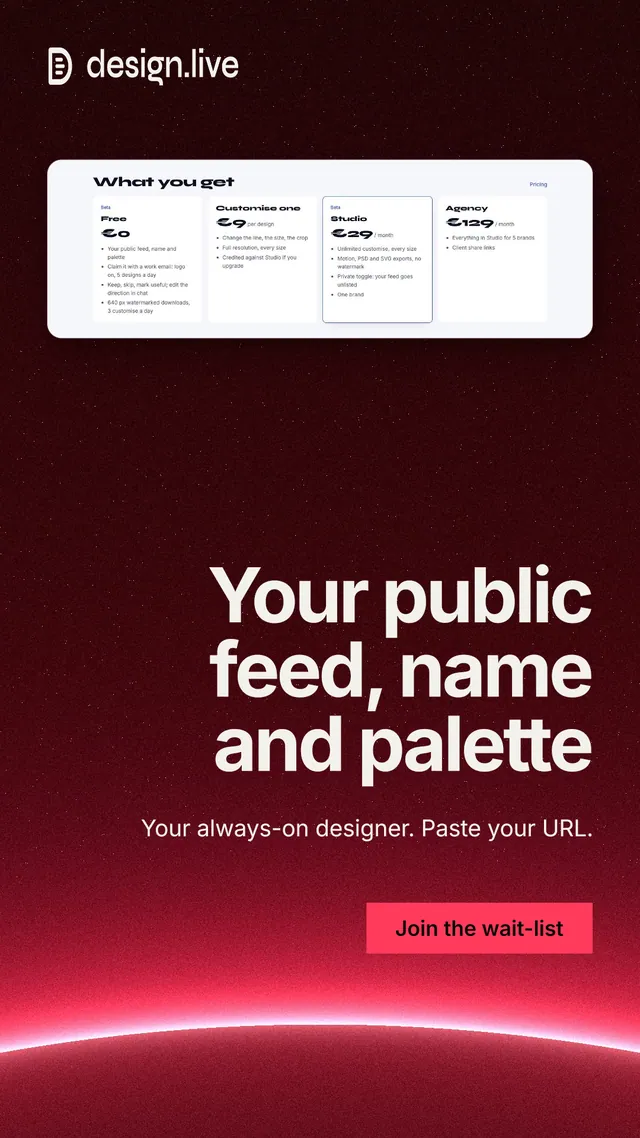 Instagram story for design.live: "Your public feed, name and palette". Swiss style, right layout, dark palette in red, black.