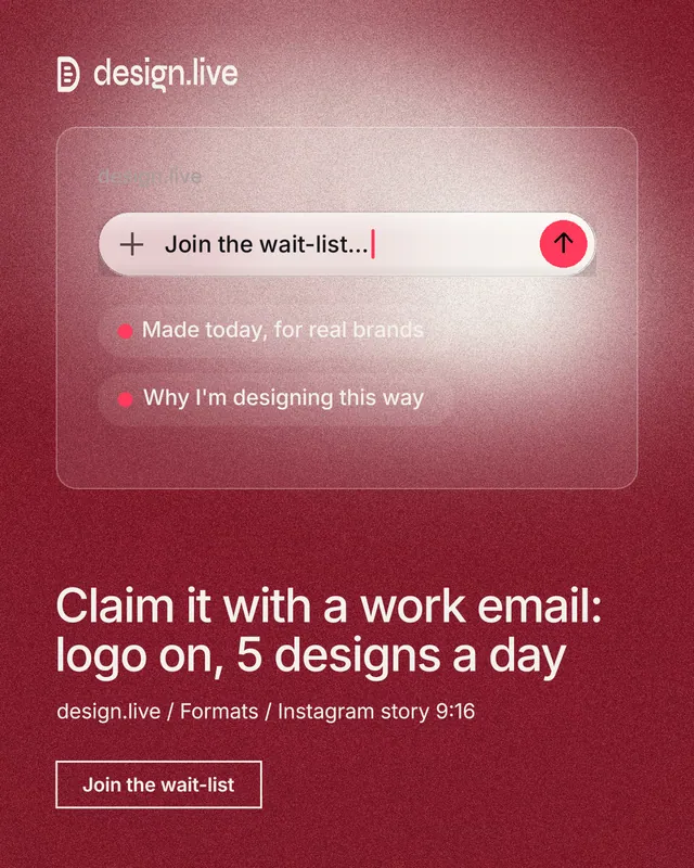 Instagram portrait post for design.live: "Claim it with a work email: logo on, 5 designs a day". Cyanotype style, bottom layout, dark palette in red.