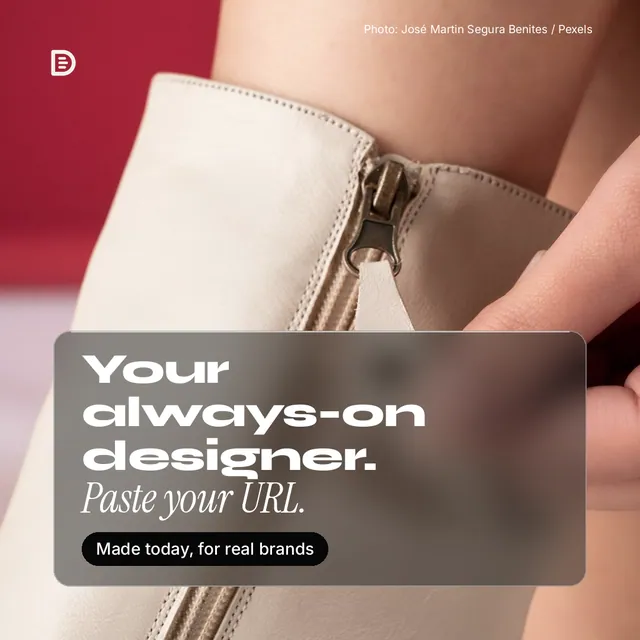 Instagram post for design.live: "Your always-on designer. Paste your URL." Glass style, technique:pexels ingredient layout, light palette in orange, red, grey.
