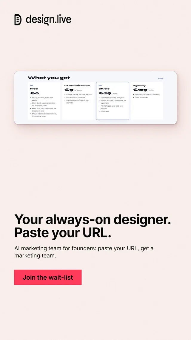 Instagram story for design.live: "Your always-on designer. Paste your URL." Swiss style, bottom layout, light palette in white, red.