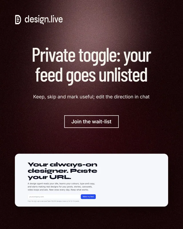 Instagram portrait post for design.live: "Private toggle: your feed goes unlisted". Dark deco style, centred layout, dark palette in black, white, red.