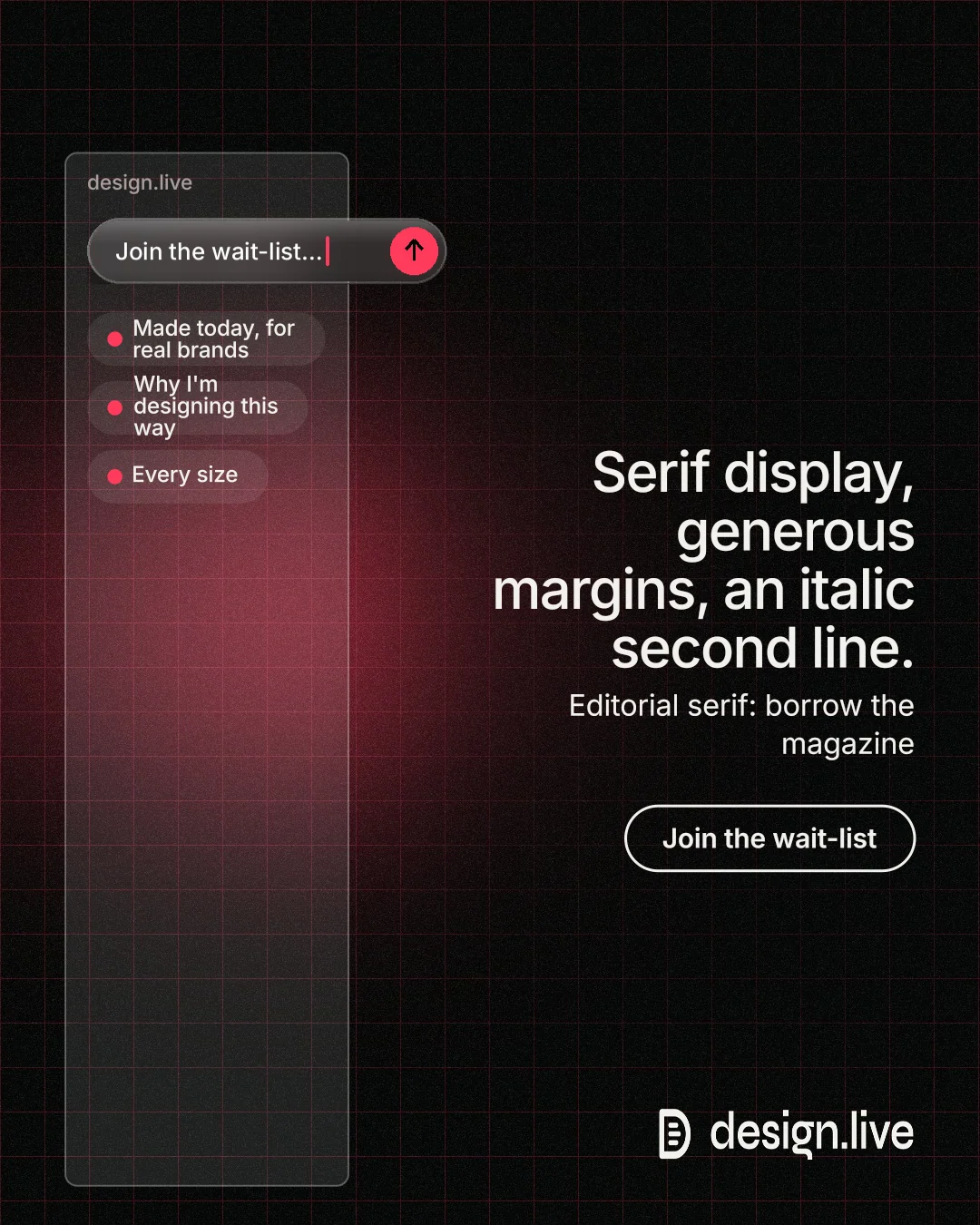 Instagram portrait post for design.live: "Serif display, generous margins, an italic second line." Phosphor atlas style, right layout, dark palette in red, black, grey.