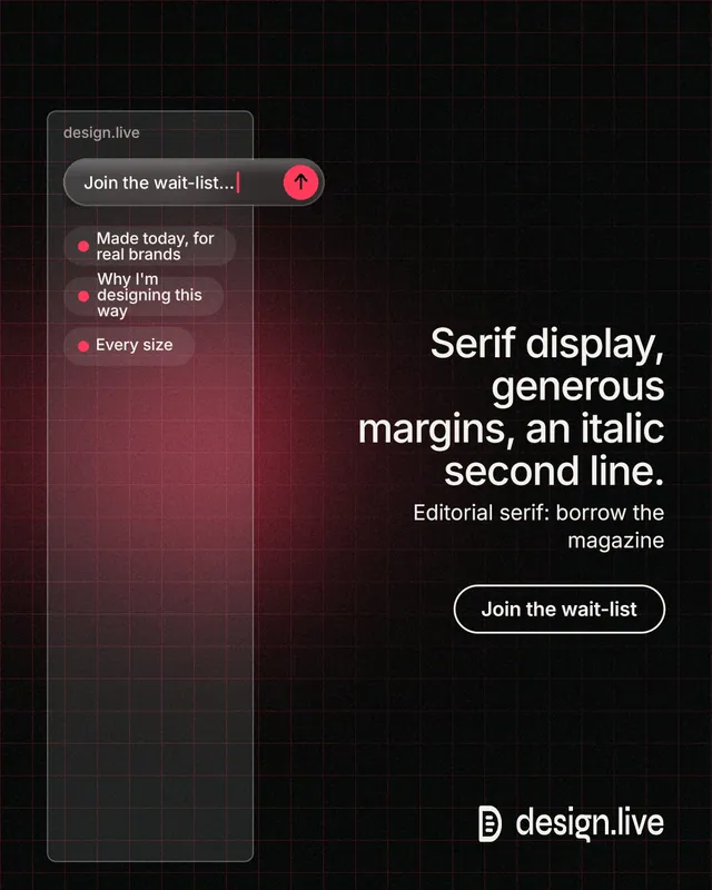 Instagram portrait post for design.live: "Serif display, generous margins, an italic second line." Phosphor atlas style, right layout, dark palette in red, black, grey.