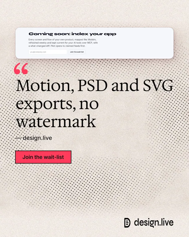Instagram portrait post for design.live: "Motion, PSD and SVG exports, no watermark". Ink sticker style, quote layout, light palette in orange, grey, white.