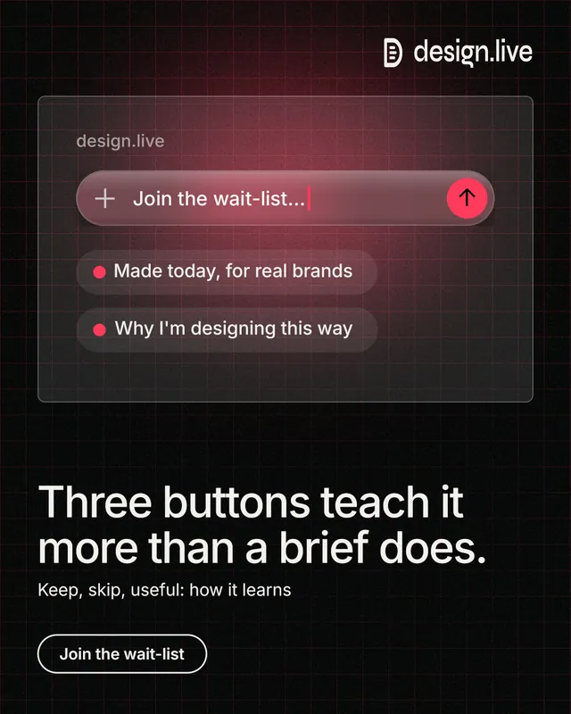 Instagram portrait post for design.live: "Three buttons teach it more than a brief does." Phosphor atlas style, bottom layout, dark palette in black, grey.