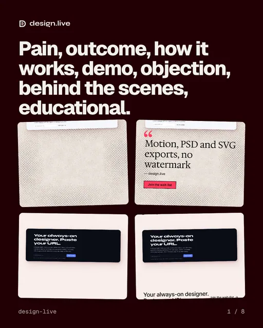 Carousel for design.live: "Pain, outcome, how it works, demo, objection, behind the scenes, educational.". Collection carousel, 8 slides, dark palette.
