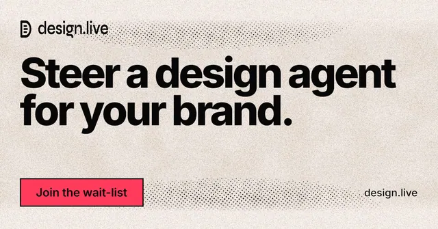 Social ad for design.live: "Steer a design agent for your brand." Ink sticker style, poster layout, light palette in orange, grey.