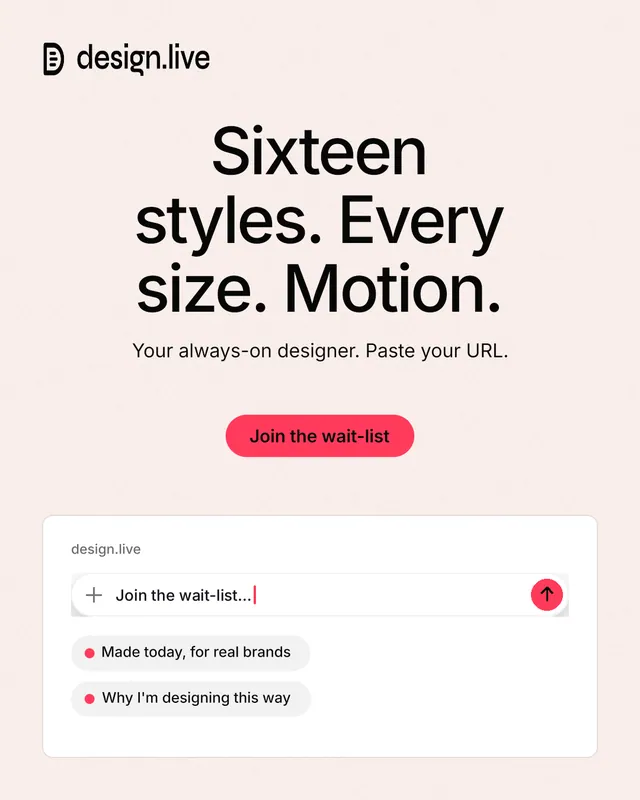 Instagram portrait post for design.live: "Sixteen styles. Every size. Motion." Data card style, centred layout, light palette in white, red.