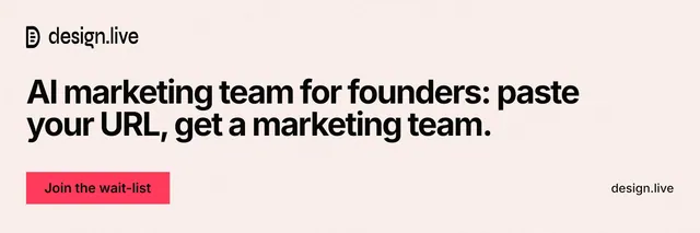 X header for design.live: "AI marketing team for founders: paste your URL, get a marketing team." Swiss style, poster layout, light palette in white, red.