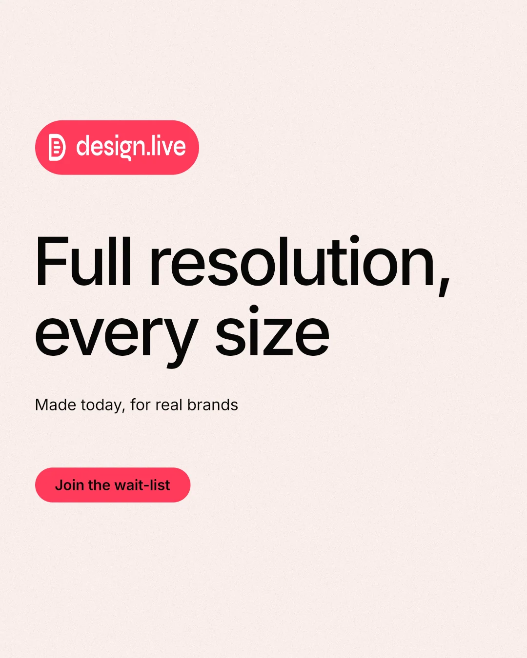 Instagram portrait post for design.live: "Full resolution, every size". Data card style, announce layout, light palette in white, red.