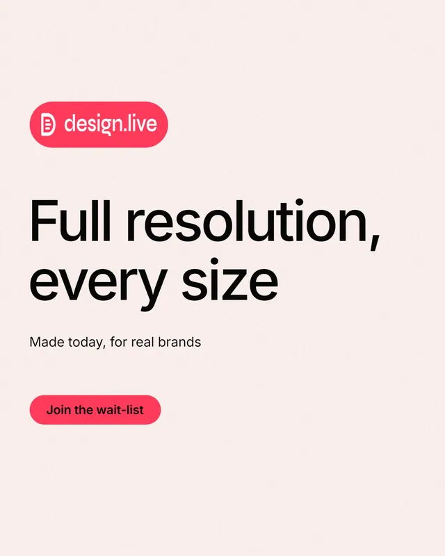 Instagram portrait post for design.live: "Full resolution, every size". Data card style, announce layout, light palette in white, red.