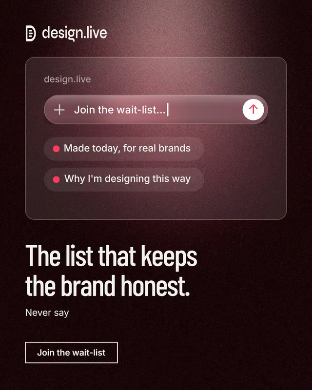 Instagram portrait post for design.live: "The list that keeps the brand honest." Dark deco style, bottom layout, dark palette in black, red, grey.