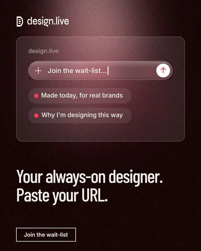 Instagram portrait post for design.live: "Your always-on designer. Paste your URL." Dark deco style, bottom layout, dark palette in black, red, grey.