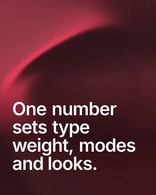 Video for design.live: "One number sets type weight, modes and looks.". Shader loop, 6.0 s, dark palette.