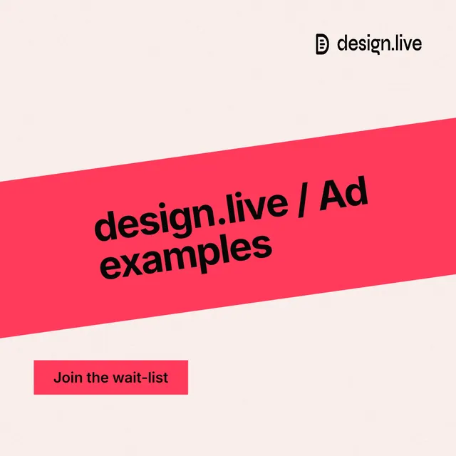 Instagram post for design.live: "design.live / Ad examples". Swiss style, diagonal layout, light palette in white, red.