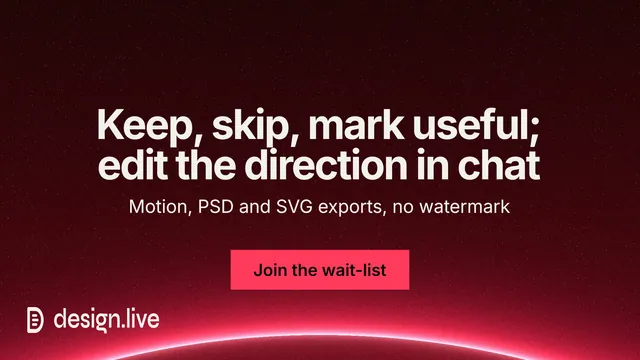 Landscape graphic for design.live: "Keep, skip, mark useful; edit the direction in chat". Swiss style, centred layout, dark palette in black, red.