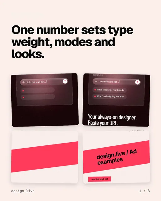 Carousel for design.live: "One number sets type weight, modes and looks.". Collection carousel, 8 slides, light palette.