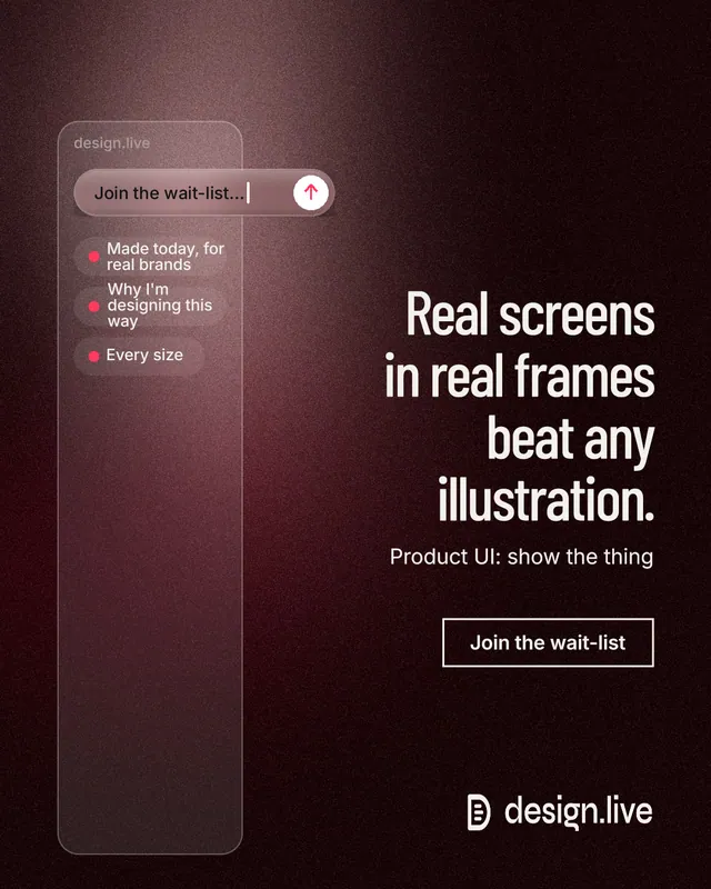 Instagram portrait post for design.live: "Real screens in real frames beat any illustration." Dark deco style, right layout, dark palette in black, red, grey.