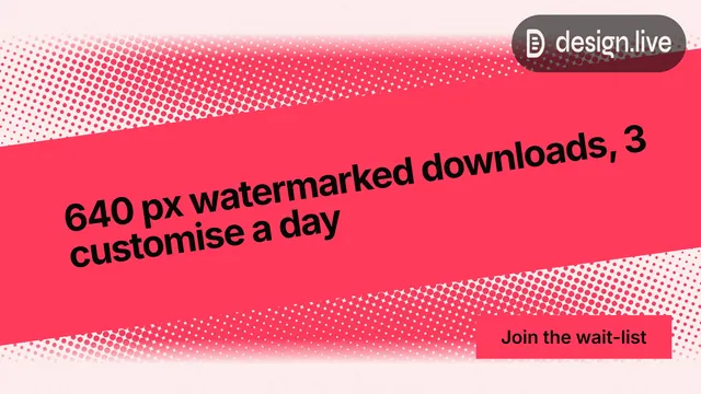 Landscape graphic for design.live: "640 px watermarked downloads, 3 customise a day". Swiss style, diagonal layout, light palette in red, white.