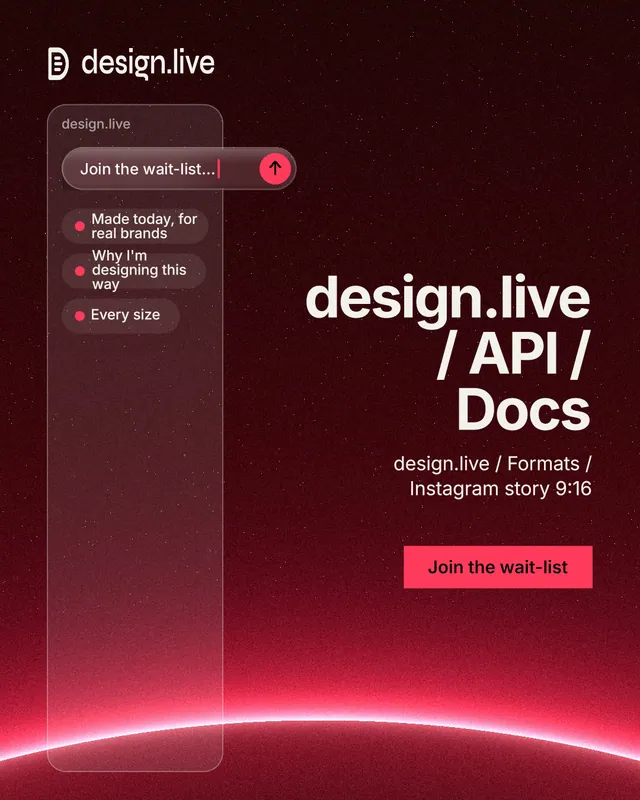 Instagram portrait post for design.live: "design.live / API / Docs". Swiss style, right layout, dark palette in red, black.