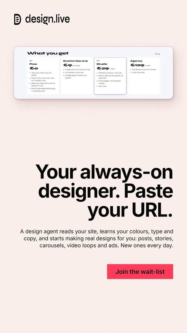Instagram story for design.live: "Your always-on designer. Paste your URL." Swiss style, right layout, light palette in white, red.