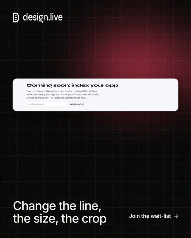 Instagram portrait post for design.live: "Change the line, the size, the crop". Phosphor atlas style, image led layout, dark palette in black, red, white.