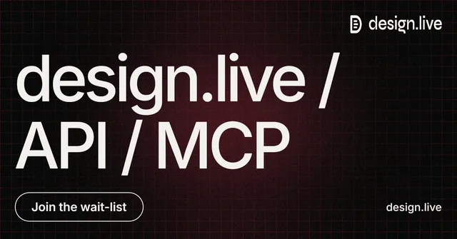 Social ad for design.live: "design.live / API / MCP". Phosphor atlas style, poster layout, dark palette in black, grey.