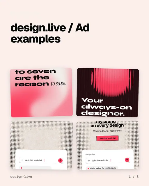 Carousel for design.live: "design.live / Ad examples". Collection carousel, 8 slides, light palette.