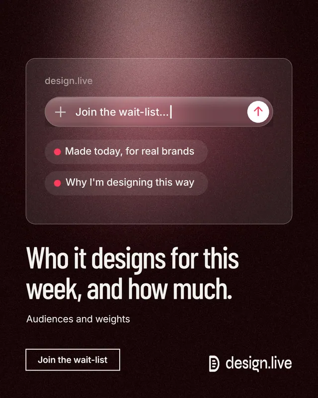 Instagram portrait post for design.live: "Who it designs for this week, and how much." Dark deco style, bottom layout, dark palette in black, red, grey.