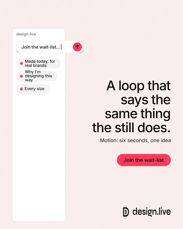 Instagram portrait post for design.live: "A loop that says the same thing the still does." Data card style, right layout, light palette in white, red.