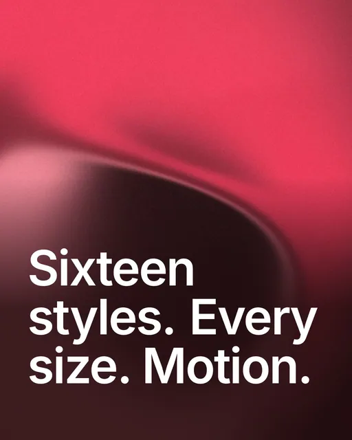 Video for design.live: "Sixteen styles. Every size. Motion.". Shader loop, 6.0 s, dark palette.