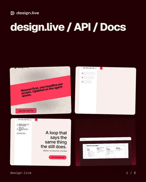 Carousel for design.live: "design.live / API / Docs". Collection carousel, 8 slides, dark palette.