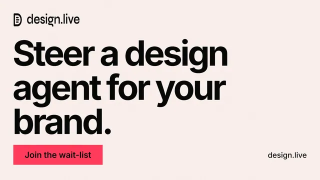 Landscape graphic for design.live: "Steer a design agent for your brand." Swiss style, poster layout, light palette in white, grey.