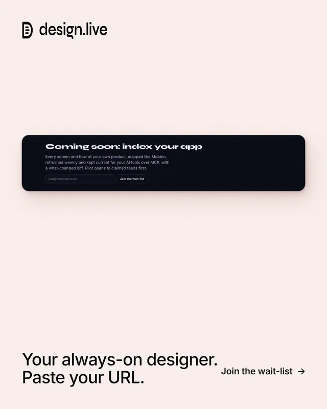 Instagram portrait post for design.live: "Your always-on designer. Paste your URL." Data card style, image led layout, light palette in white, grey.