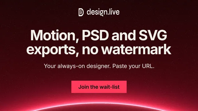 Landscape graphic for design.live: "Motion, PSD and SVG exports, no watermark". Swiss style, centred layout, dark palette in black, red.